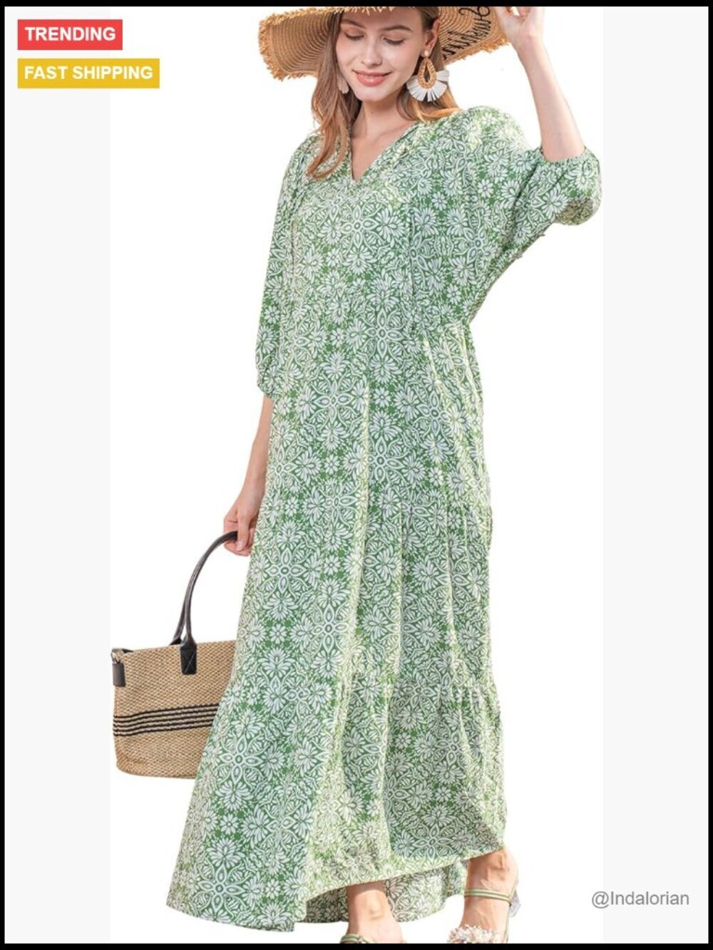 Rayon Boho Maxi Dress with V Neck and 3/4 Puff Sleeves